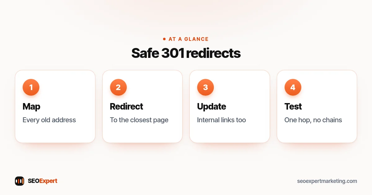 301 redirect diagram: map old addresses, redirect to the closest page, update links and test