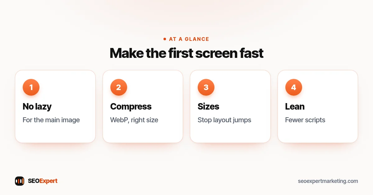Speed tips for above the fold: no lazy-loaded hero image, compress it, set sizes, lean scripts