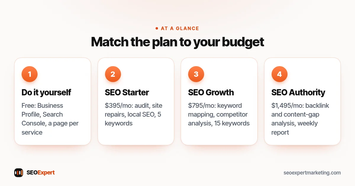 Affordable SEO services budget ladder: free DIY steps, then SEO Starter, SEO Growth and SEO Authority
