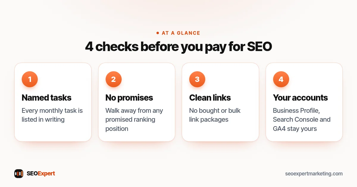 Affordable SEO services checklist: named tasks, no ranking promises, no link packages, accounts in your name