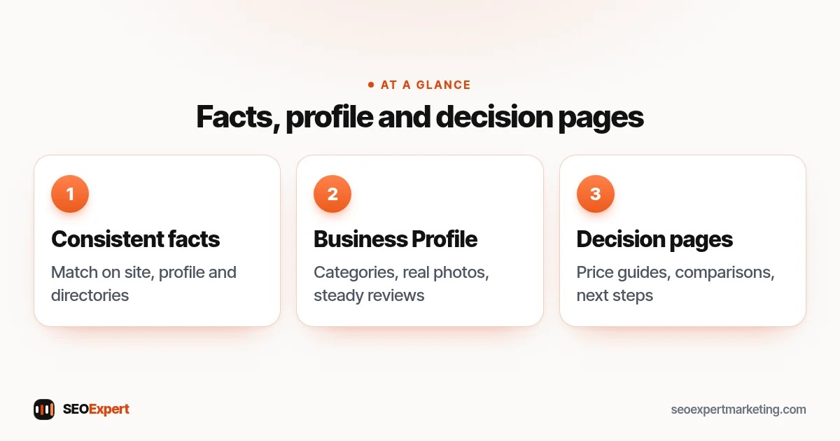 Facts, profile and decision pages (diagram): Consistent facts, Business Profile, Decision pages