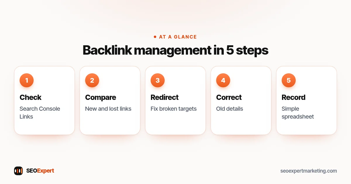 Five backlink management steps: check the Links report, note new and lost links, fix broken targets, correct details, keep a record