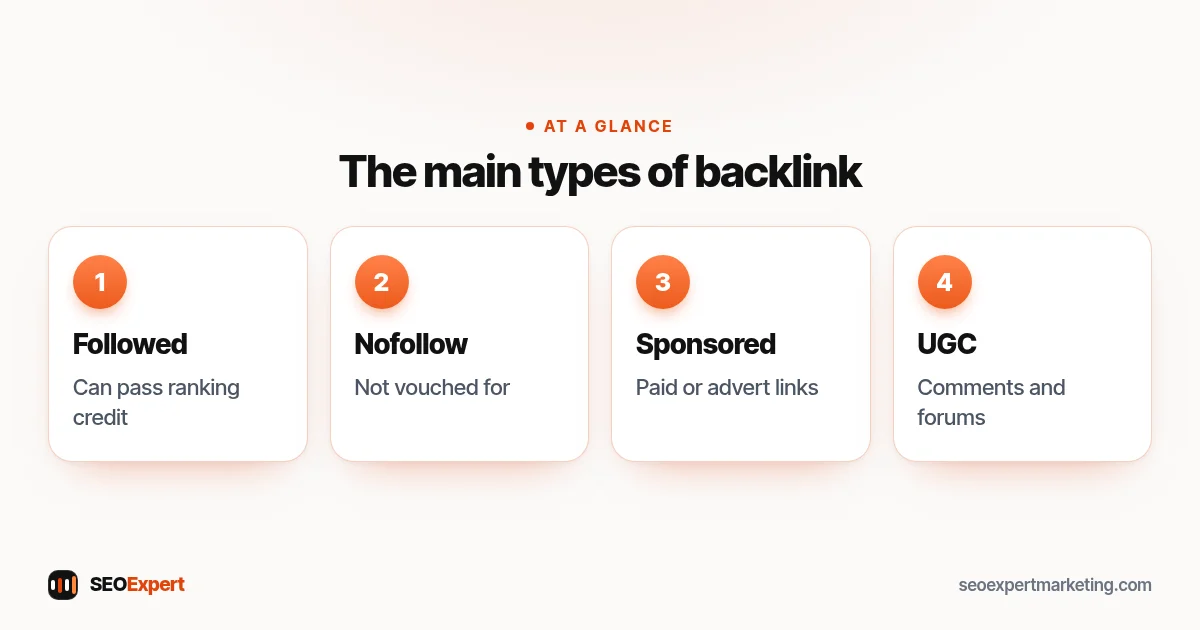 Types of backlink: followed, nofollow, sponsored and UGC links
