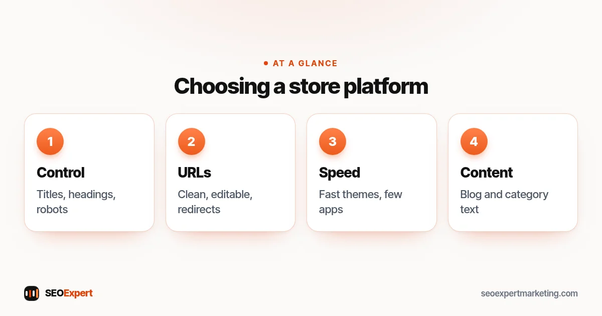 Best ecommerce platform for SEO diagram: control, URLs, speed and content tools