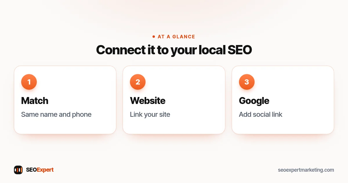 Connect a business Facebook page to local SEO: matching details, website link, Google Business Profile social link