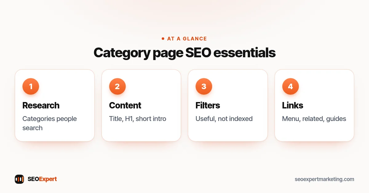 Category page SEO diagram: search-led categories, titles and introductions, filters and pagination, internal links