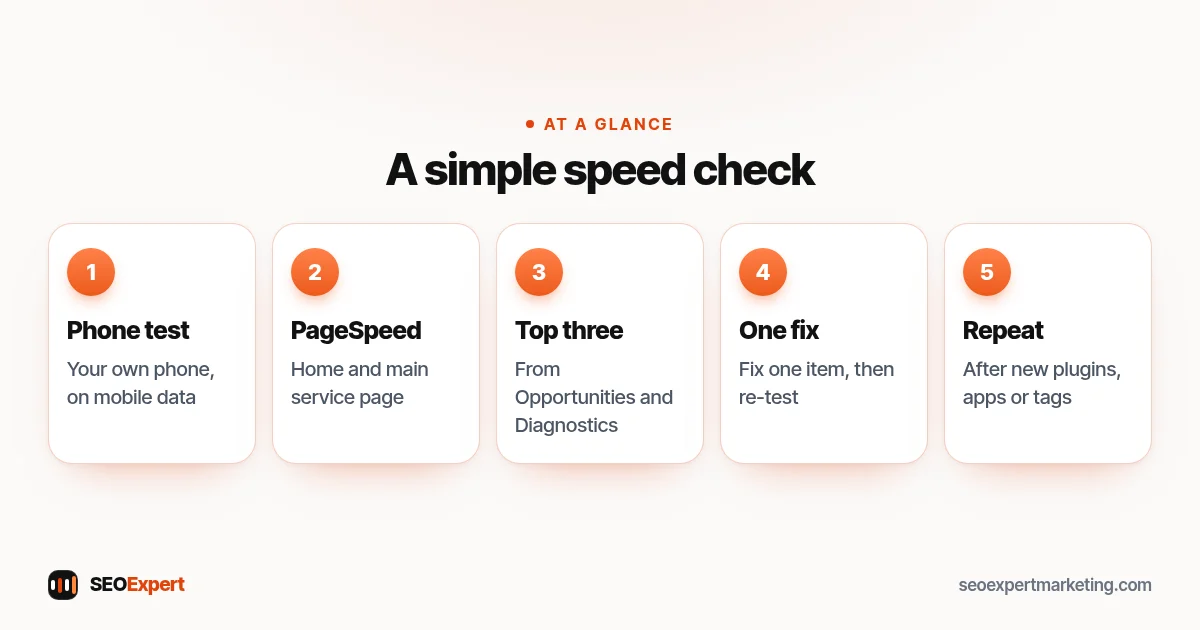 A simple speed check (diagram): Phone test, PageSpeed, Top three, One fix, Repeat