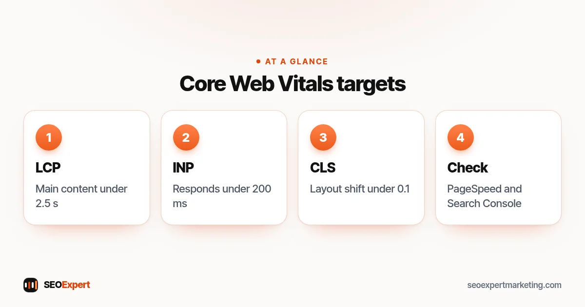 Core Web Vitals diagram: LCP under 2.5 seconds, INP under 200 milliseconds, CLS under 0.1 and how to check