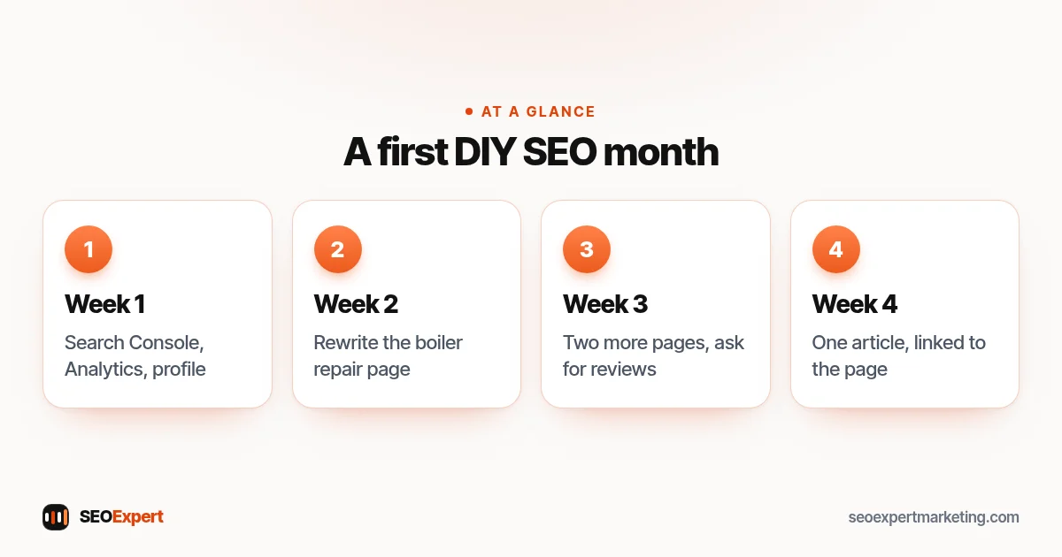 A first DIY SEO month (diagram): Week 1, Week 2, Week 3, Week 4