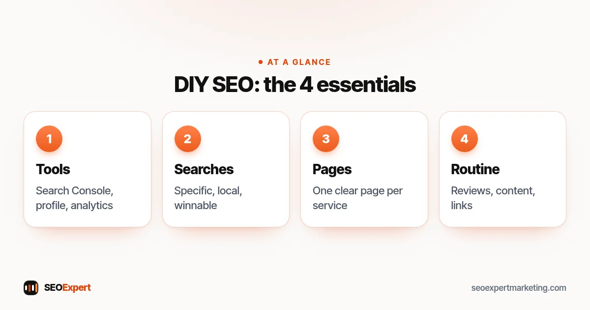 DIY SEO diagram: set up tools, find searches, fix pages, local presence, content and links