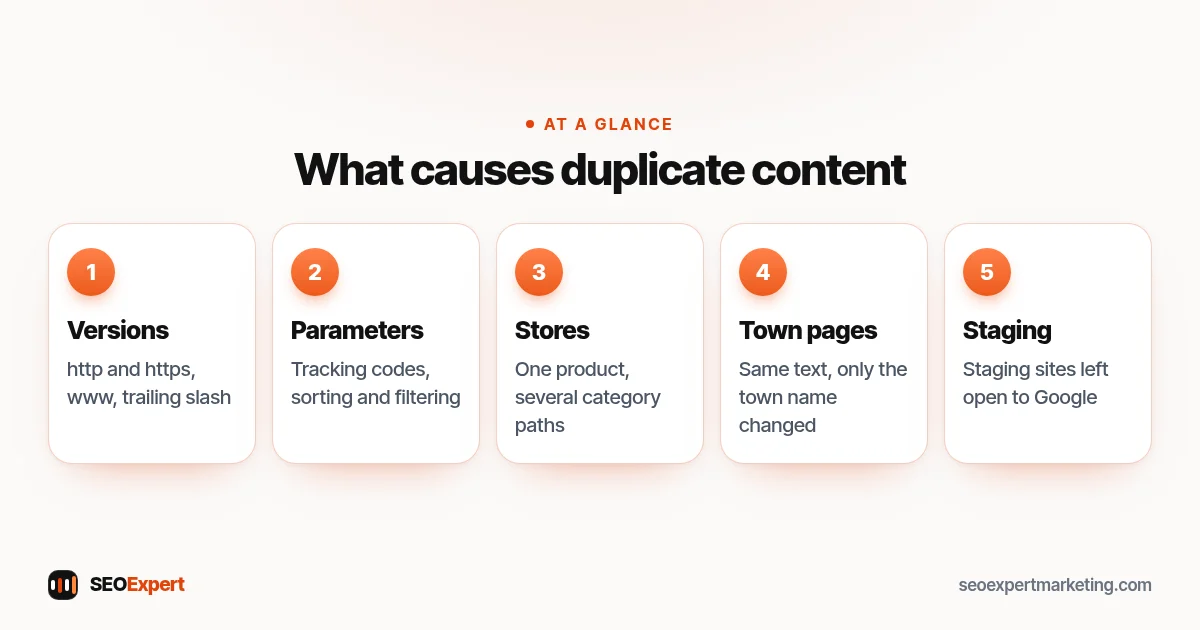 What causes duplicate content (diagram): Versions, Parameters, Stores, Town pages, Staging