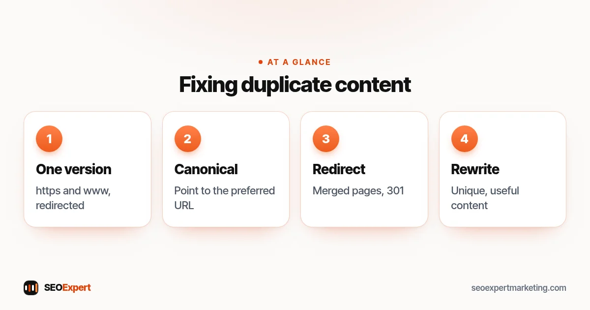 Duplicate content diagram: one site version, canonical tags, redirects and unique page content