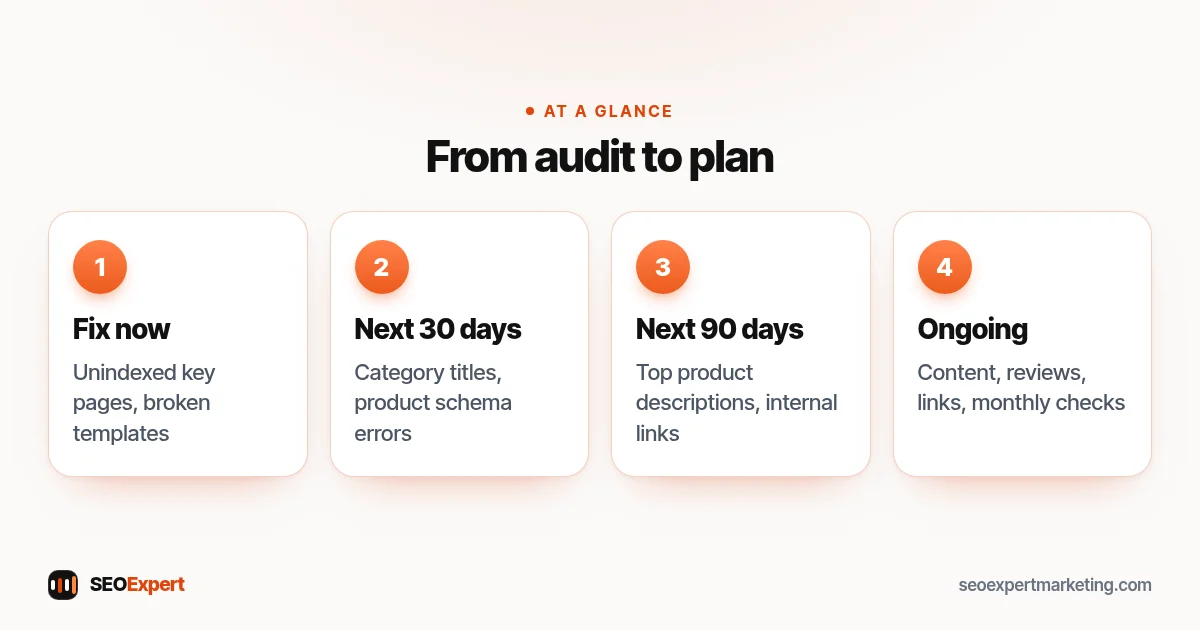From audit to plan (diagram): Fix now, Next 30 days, Next 90 days, Ongoing