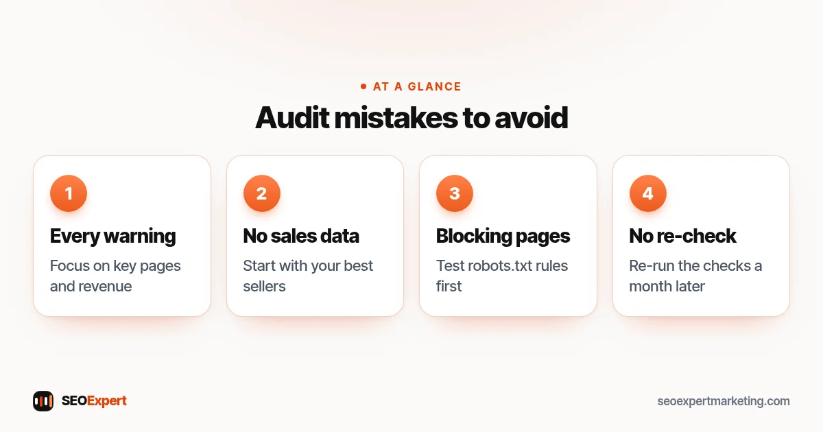 Audit mistakes to avoid (diagram): Every warning, No sales data, Blocking pages, No re-check