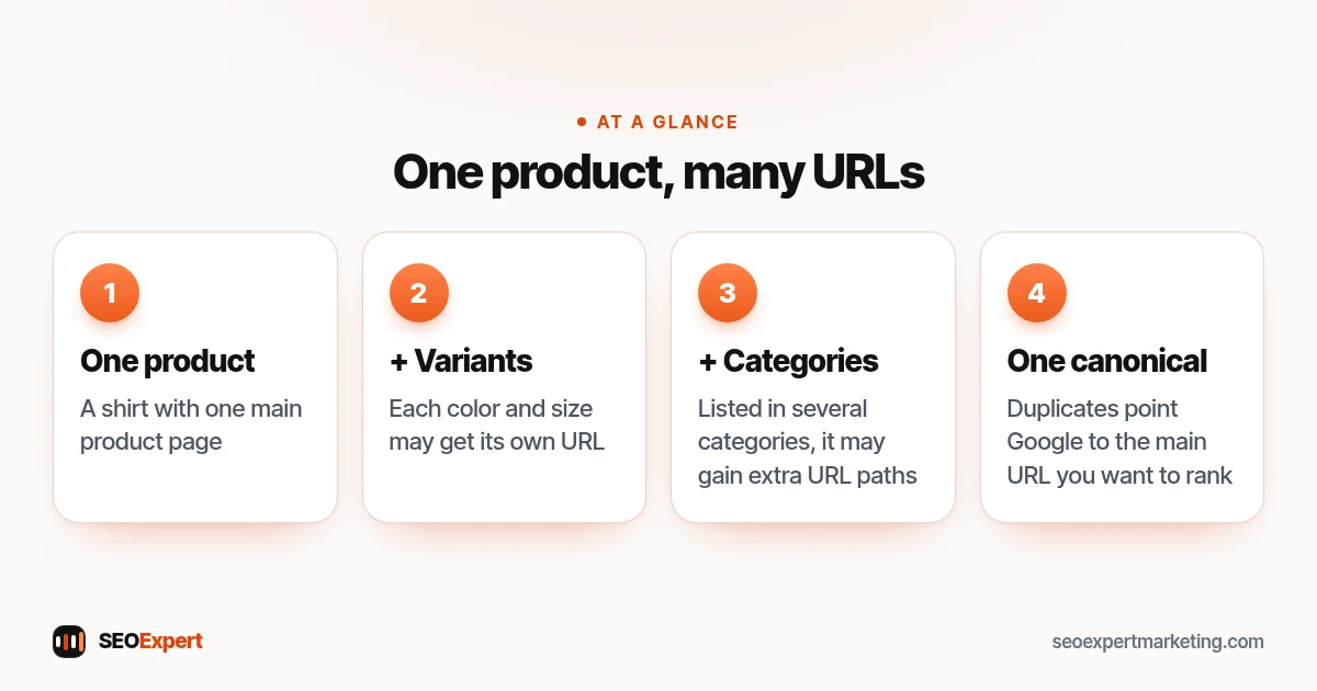 How ecommerce SEO services handle duplicate URLs: one shirt gains extra URLs from color, size and category paths, and all point to one canonical URL