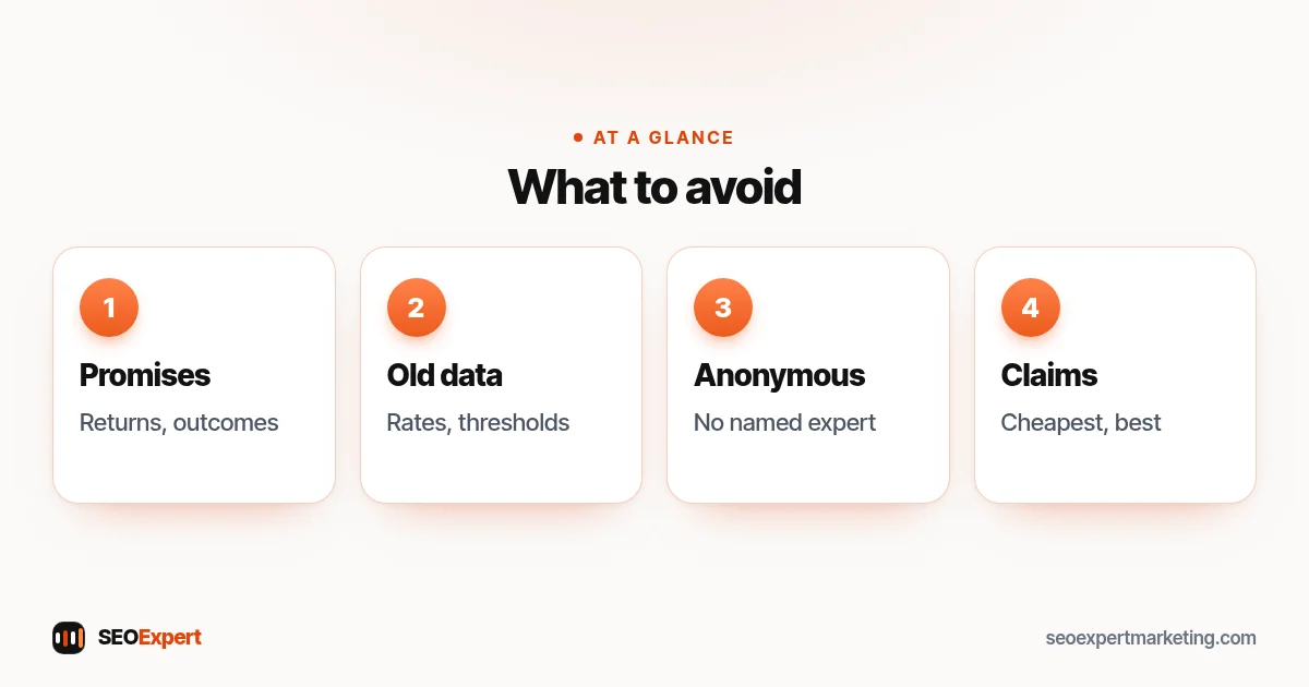 Financial services SEO mistakes to avoid: promised returns, outdated figures, anonymous content, unproven claims