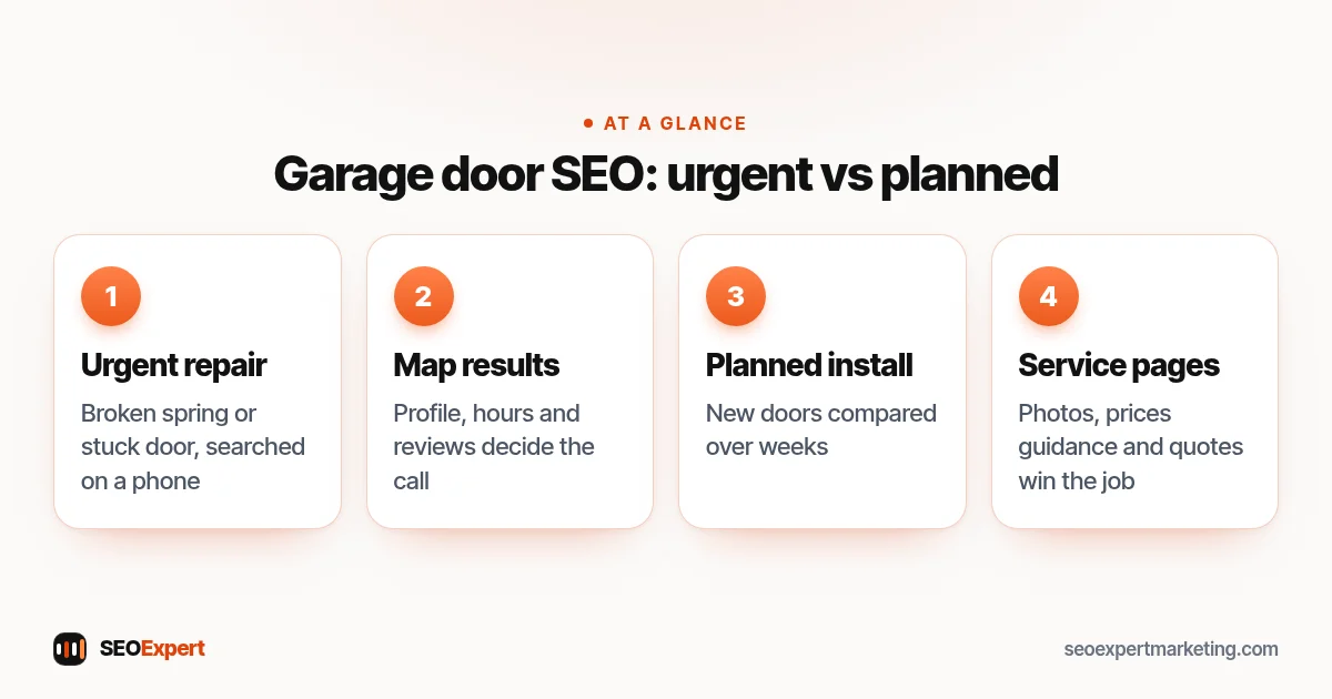 Garage door SEO diagram: urgent spring and opener repairs from phones vs planned new door installs