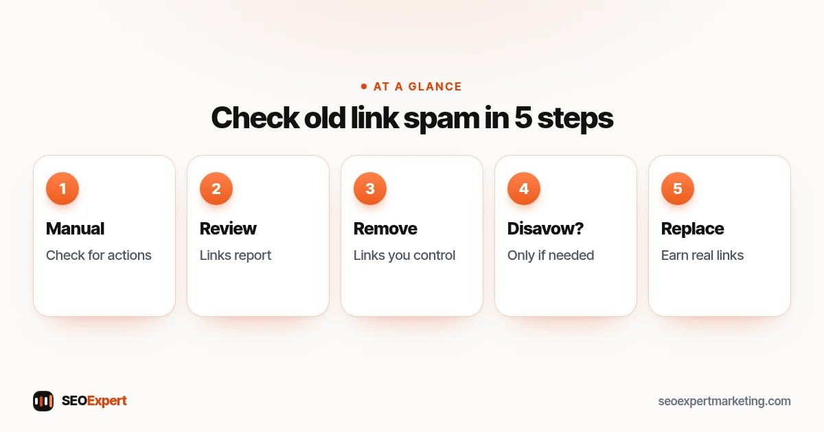 Five steps to check old link spam: manual actions, Links report, remove, disavow only if needed, earn real links