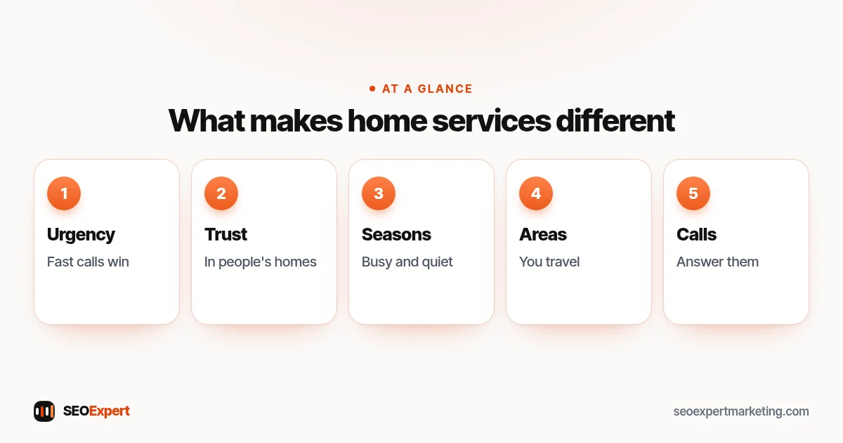 Home service SEO differences: urgency, trust in the home, seasons, service areas, calls