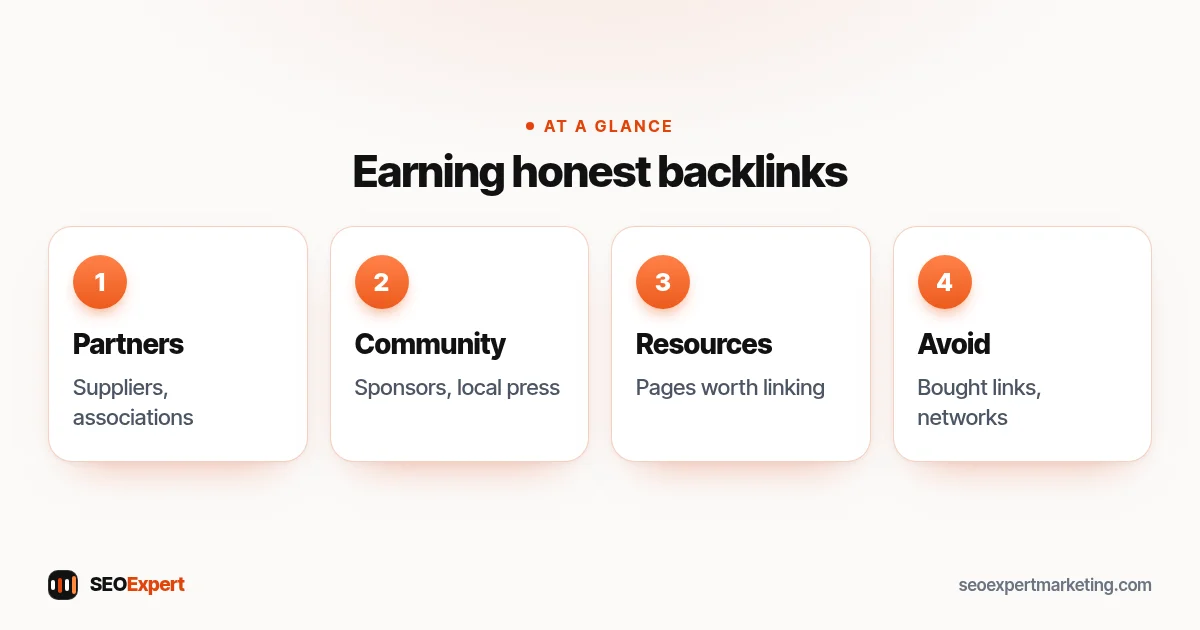 Backlinks diagram: suppliers and associations, local community, useful resources and avoiding link spam