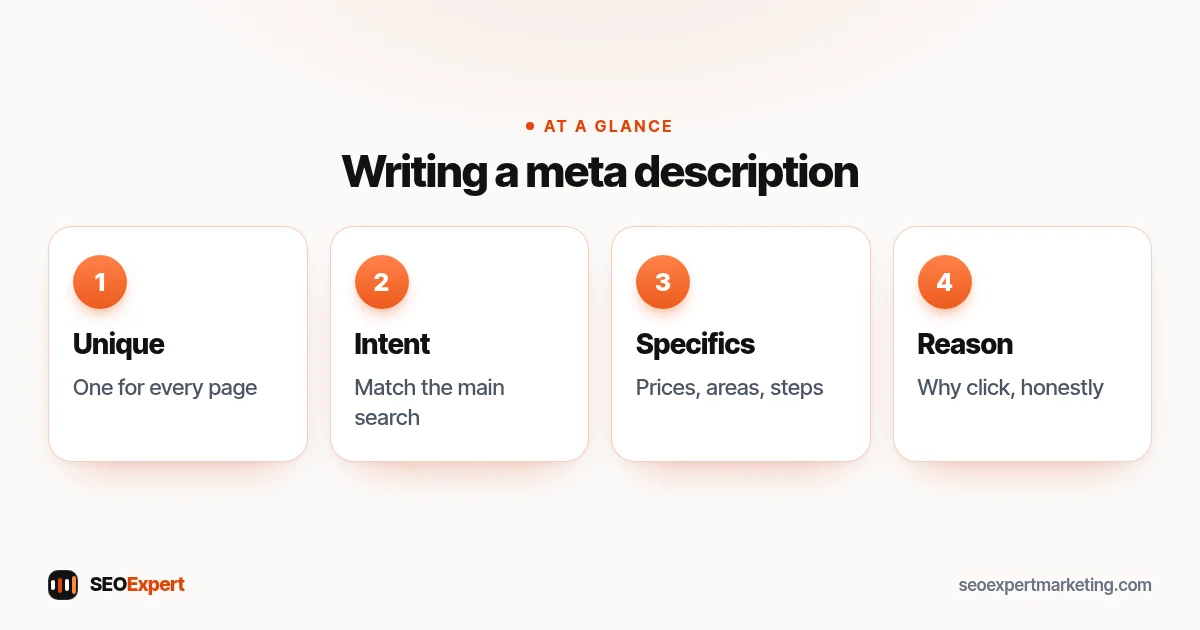 Meta description diagram: unique per page, match intent, add specifics and a reason to click