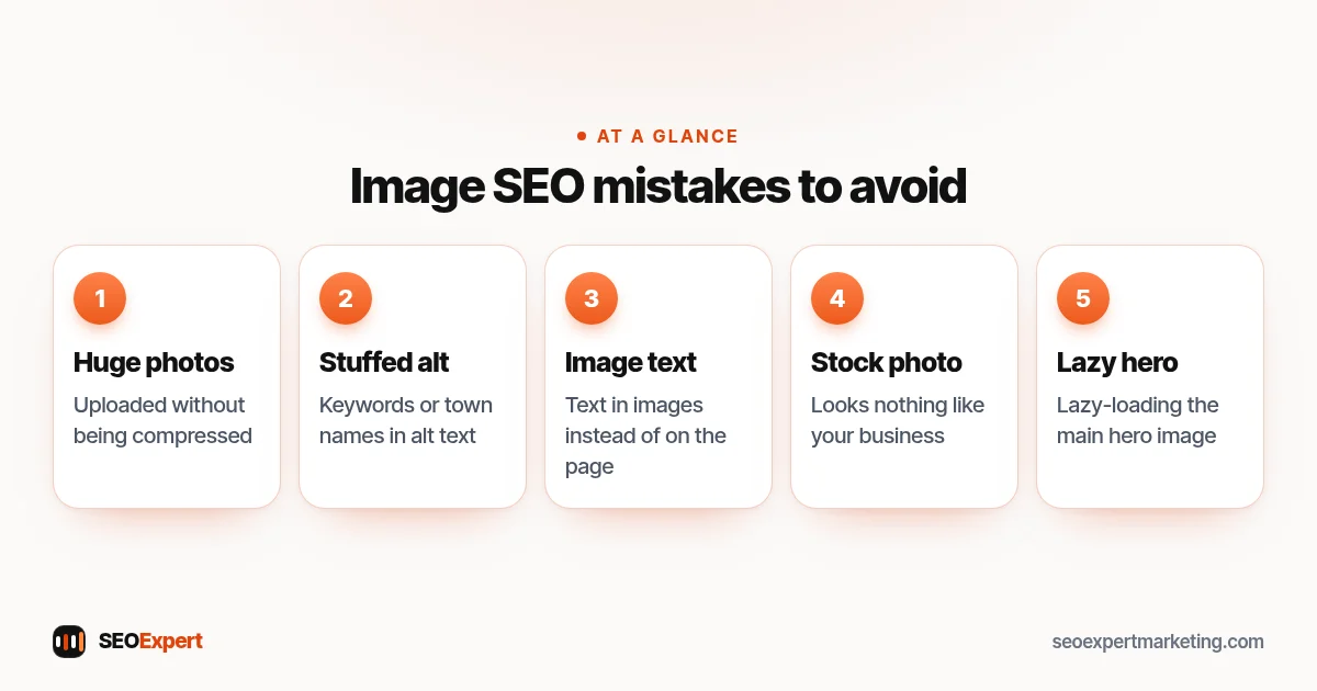 Image SEO mistakes to avoid (diagram): Huge photos, Stuffed alt, Image text, Stock photo, Lazy hero