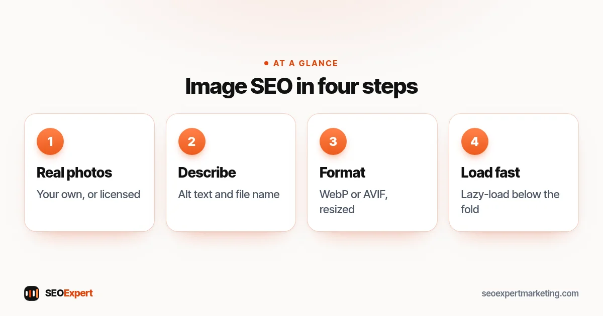 Image SEO diagram: real photos, descriptive alt text, right format and size, fast loading