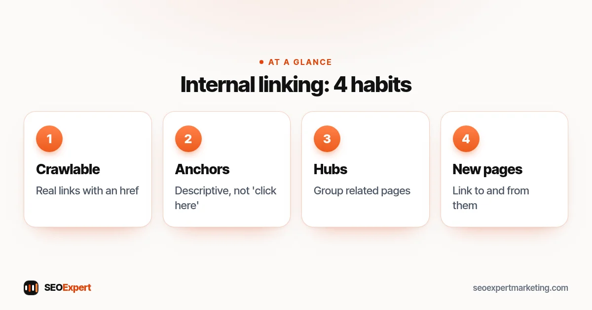 Internal linking diagram: crawlable links, descriptive anchors, topic hubs and linking every new page
