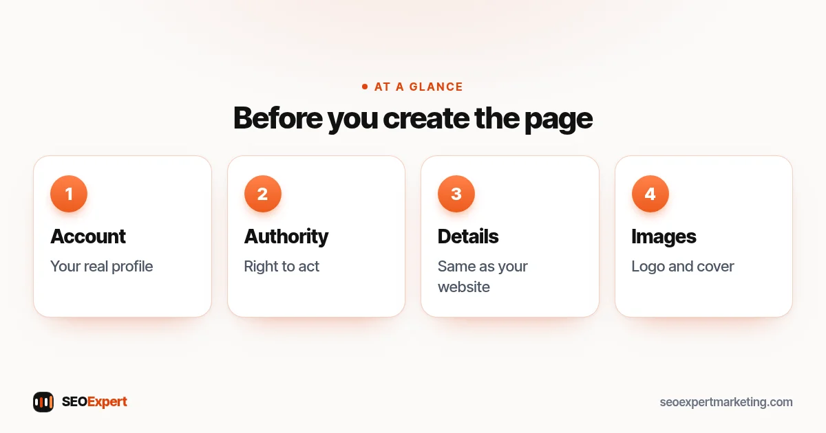 What you need to create a LinkedIn business page: a LinkedIn account, the right to act for the company, business details and images