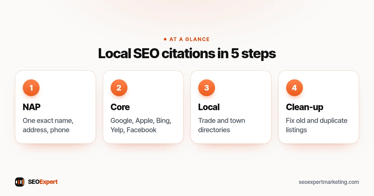 Local SEO citations diagram: decide your NAP, fix core platforms, add industry and local listings, clean up duplicates
