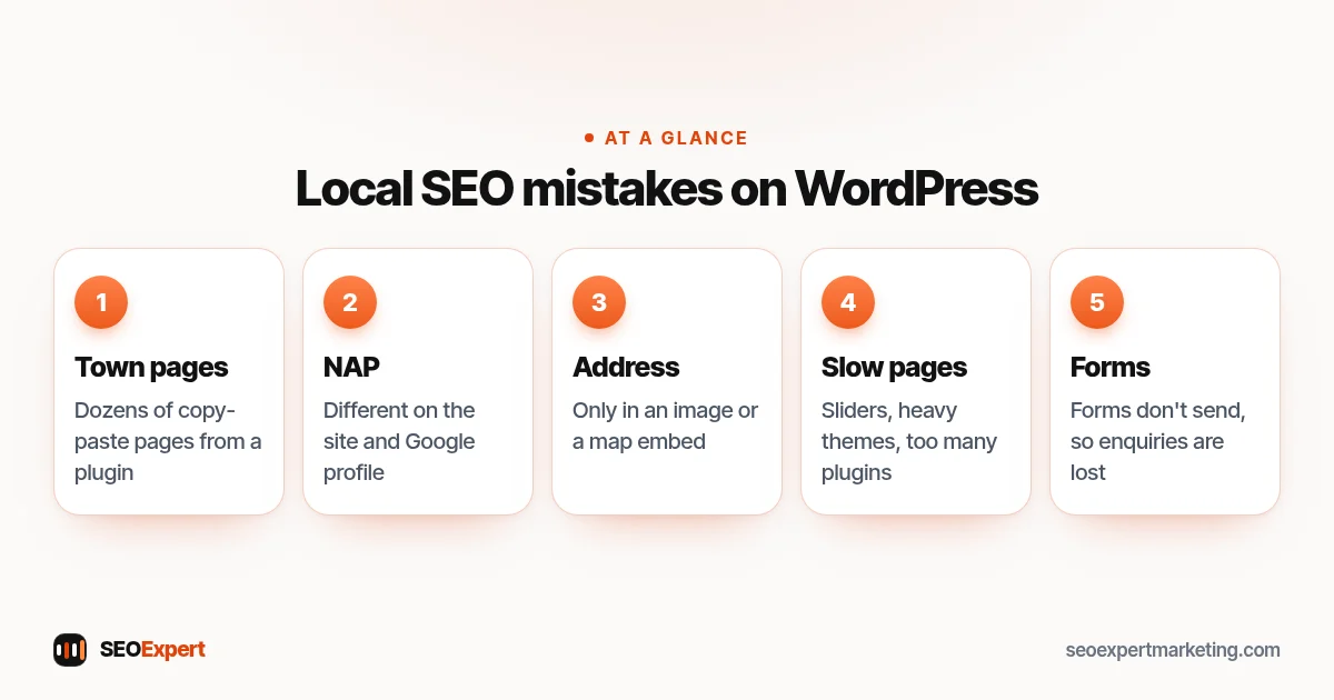 Local SEO mistakes on WordPress (diagram): Town pages, NAP, Address, Slow pages, Forms
