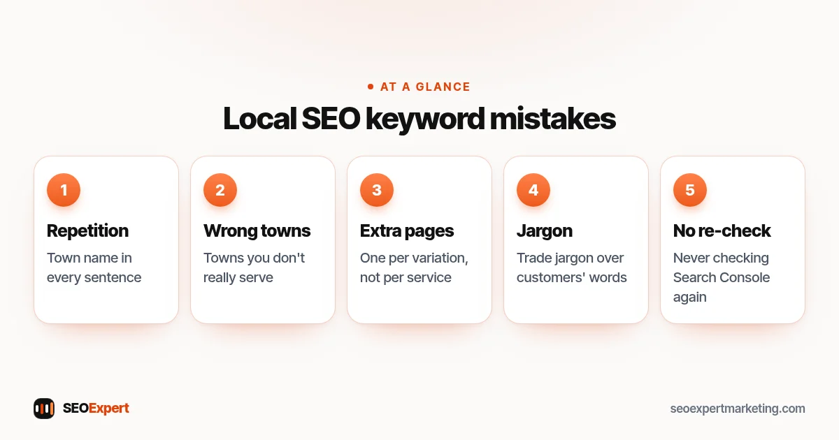 Local SEO keyword mistakes (diagram): Repetition, Wrong towns, Extra pages, Jargon, No re-check