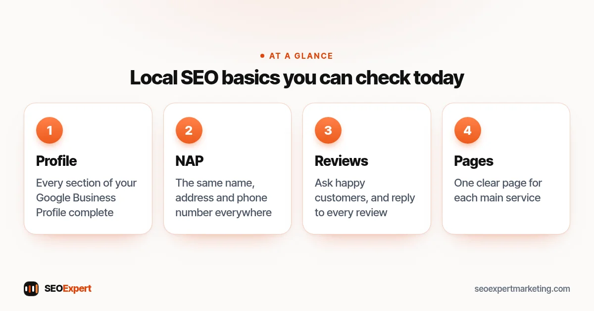Local SEO services start with the basics: a complete Google Business Profile, the same name, address and phone everywhere, reviews and one page per service