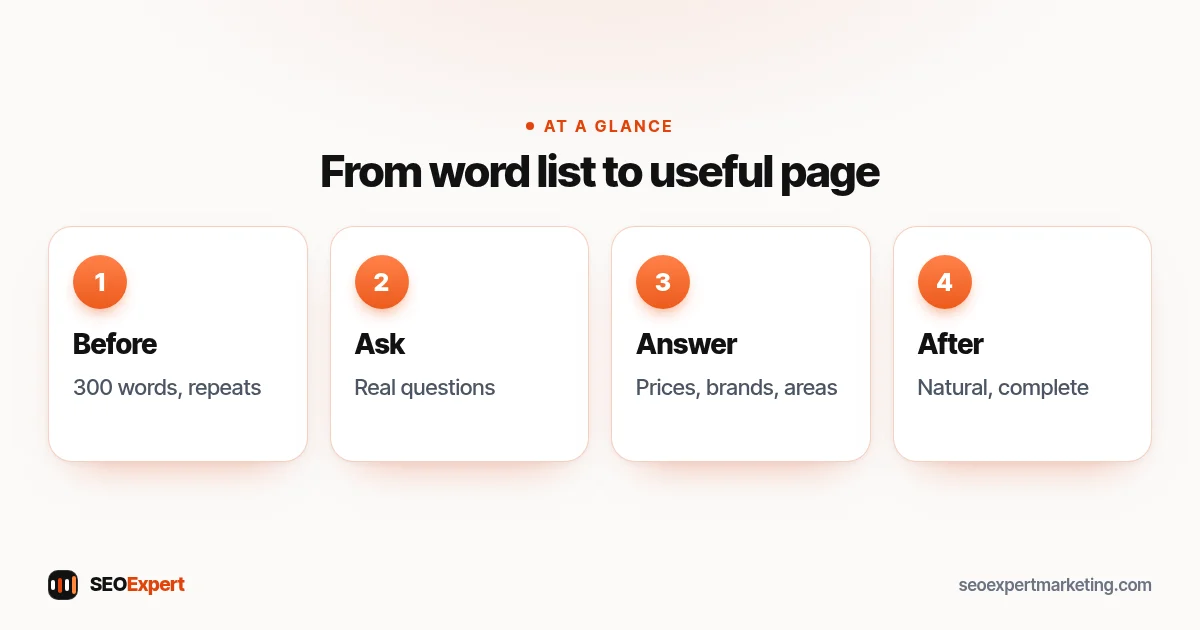 Example: a boiler repair page rewritten around customer questions instead of an LSI keyword list