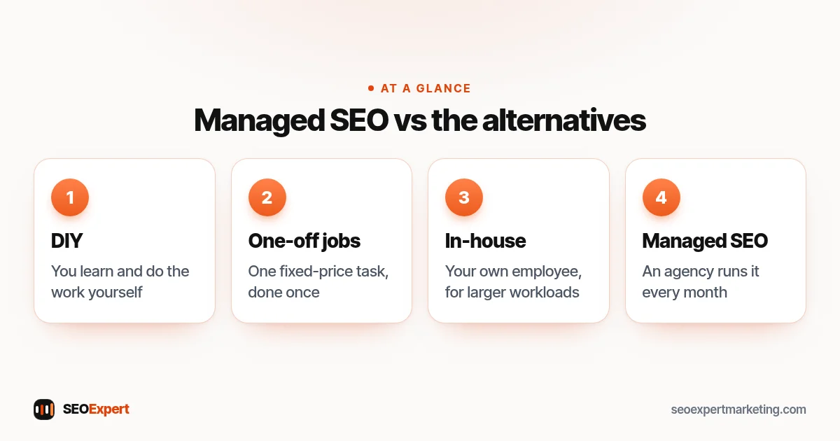 Managed SEO compared with DIY SEO, one-off jobs and an in-house hire for a small business