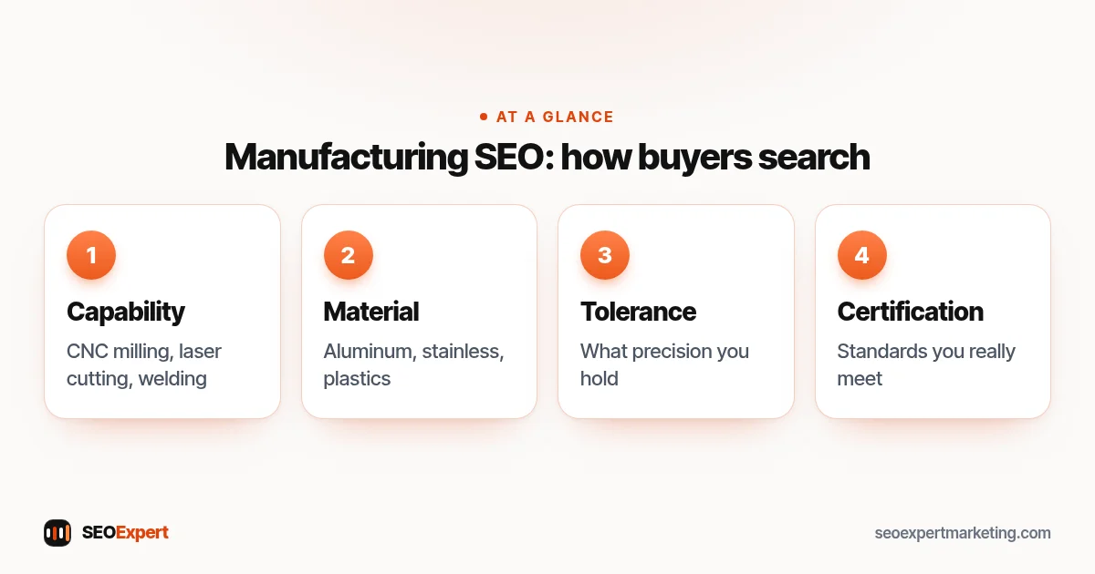 Manufacturing SEO diagram: engineers search by capability, material, tolerance and certification before sending an RFQ