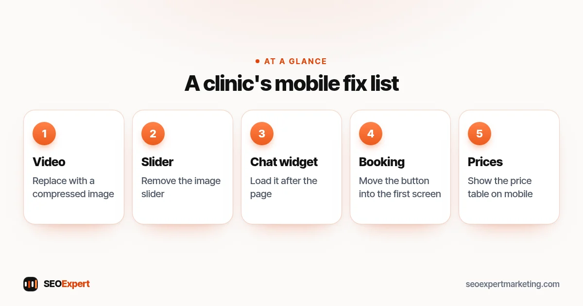 A clinic's mobile fix list (diagram): Video, Slider, Chat widget, Booking, Prices