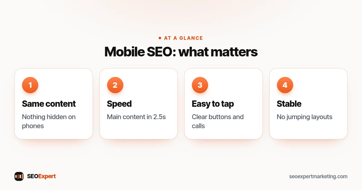 Mobile SEO diagram: same content on mobile, fast loading, easy tapping and stable layout