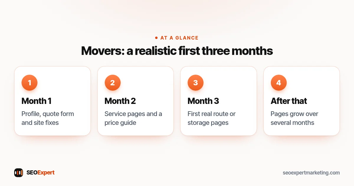 Movers: a realistic first three months (diagram): Month 1, Month 2, Month 3, After that
