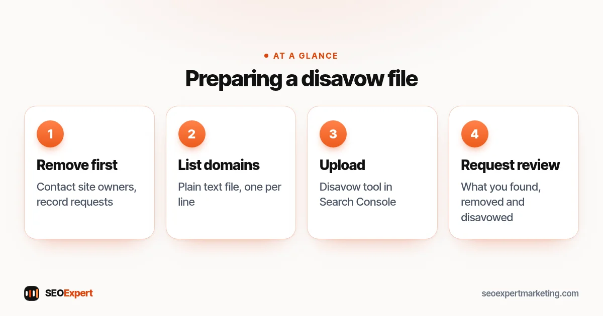 Preparing a disavow file (diagram): Remove first, List domains, Upload, Request review