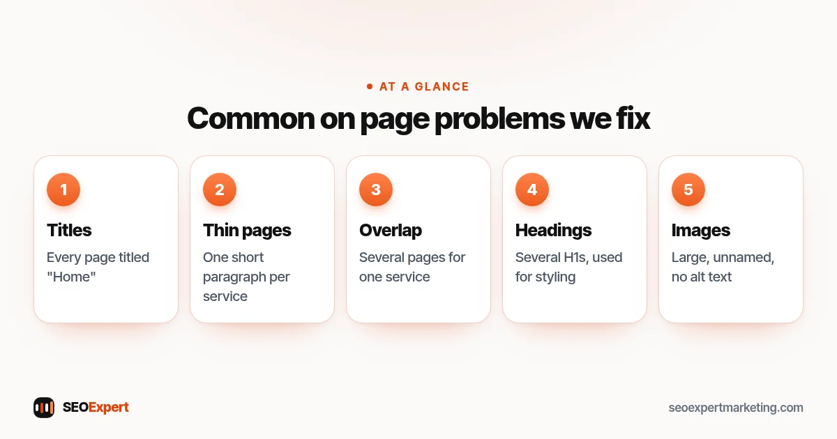 On page SEO services fix common problems: duplicate page titles, thin service pages, overlapping pages, misused headings and unnamed images