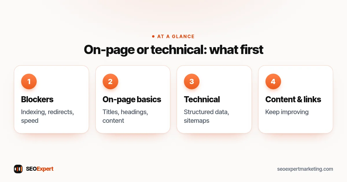 On-page or technical: what first (diagram): Blockers, On-page basics, Technical, Content & links