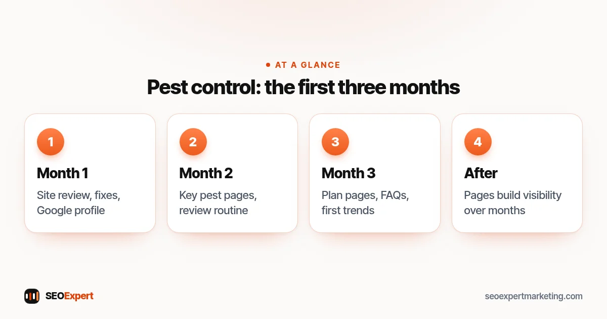Pest control company SEO timeline (diagram): month 1, month 2, month 3 and after
