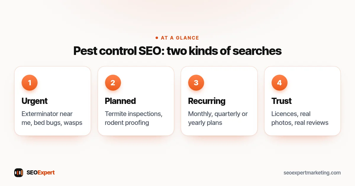 Pest control SEO diagram: urgent exterminator searches, planned inspections, recurring plans and reviews for a pest control company