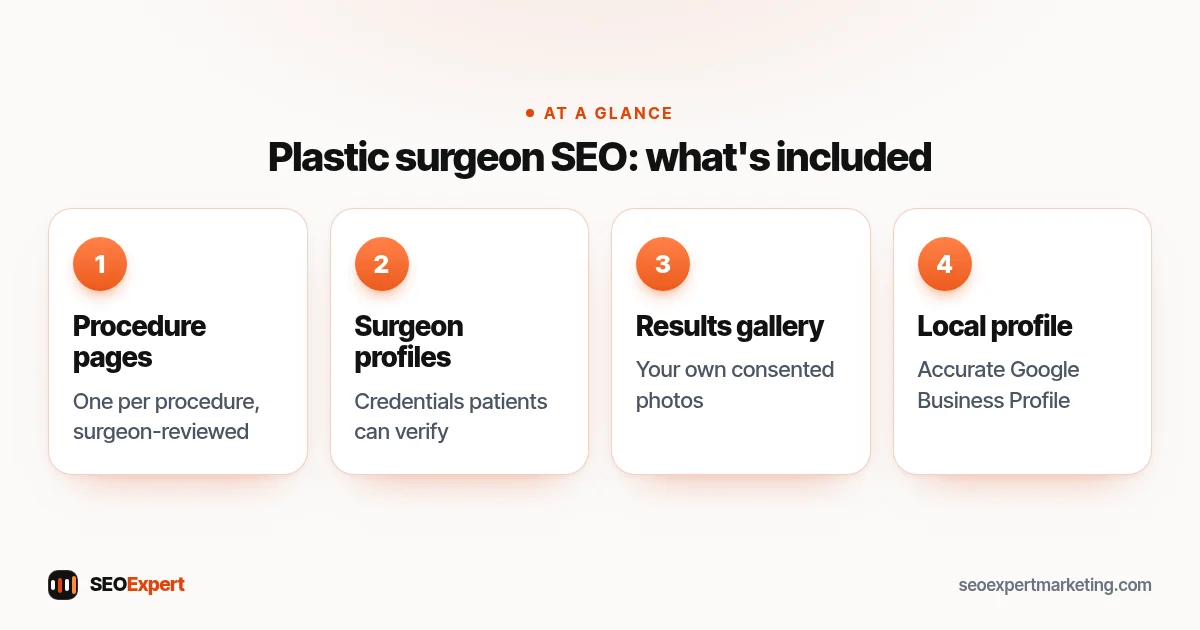 Plastic surgeon SEO: what's included (diagram): procedure pages, surgeon profiles, results gallery, local profile