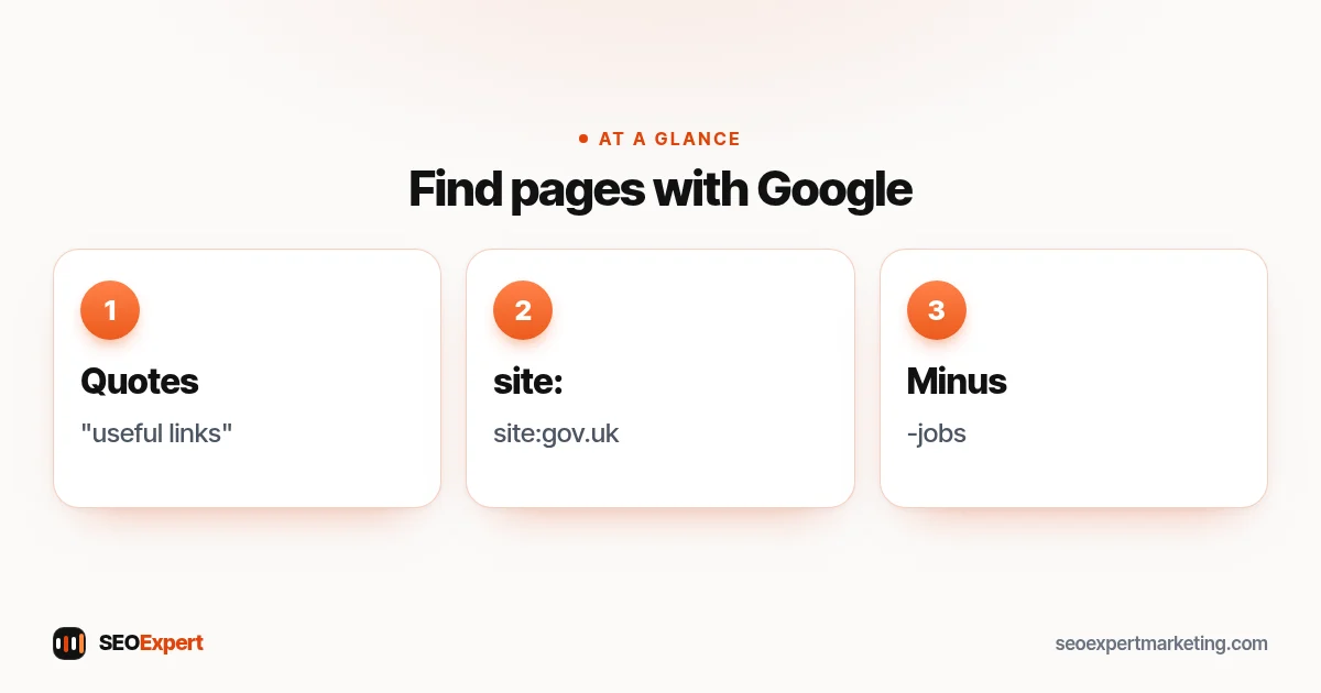 Google search operators for resource page link building: quotes, site:, minus sign