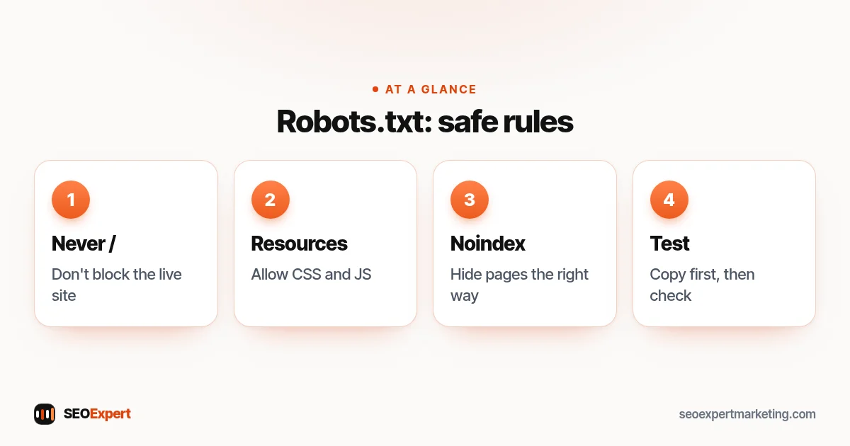 Robots.txt diagram: never block the whole site, don't block CSS or JS, use noindex to hide pages, test changes