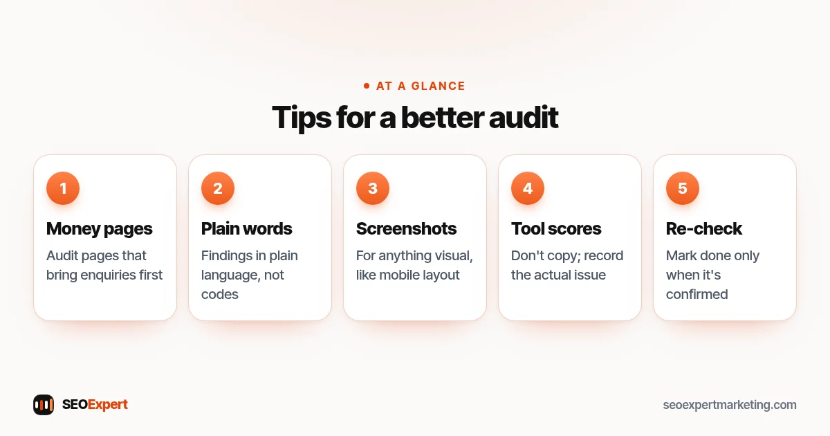 Tips for a better audit (diagram): Money pages, Plain words, Screenshots, Tool scores, Re-check