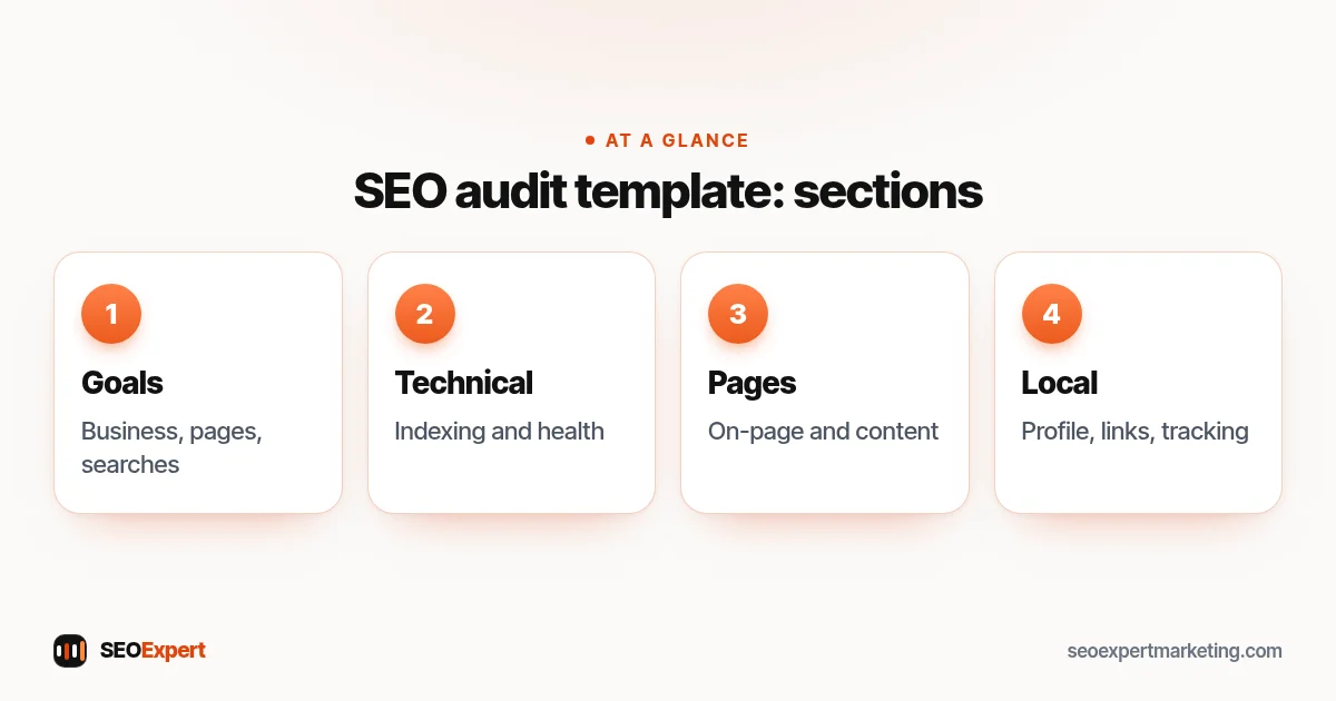 SEO audit template diagram: goals, indexing and technical, on-page and content, local and measurement