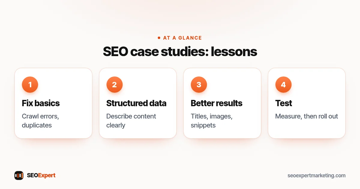 SEO case studies diagram: fix the basics, add structured data, improve how results look, measure and roll out